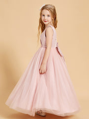 Robes de Demoiselle d'Honneur Junior en Tulle avec Haut en Satin Rose Poudré