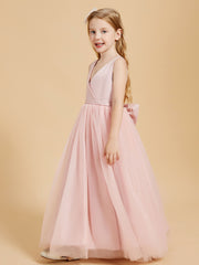 Robes de Demoiselle d'Honneur Junior en Tulle avec Haut en Satin Rose Poudré
