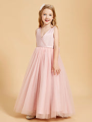 Robes de Demoiselle d'Honneur Junior en Tulle avec Haut en Satin Rose Poudré