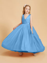 Robes de Demoiselle d'Honneur Junior en Tulle avec Haut en Satin Bleu