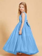 Robes de Demoiselle d'Honneur Junior en Tulle avec Haut en Satin Bleu