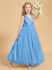 Robes de Demoiselle d'Honneur Junior en Tulle avec Haut en Satin Bleu