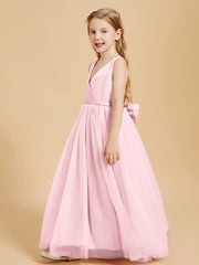 Robes de Demoiselle d'Honneur Junior en Tulle avec Haut en Satin Rose Pâle
