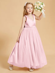 Robes de Demoiselle d'Honneur Junior en Tulle avec Haut en Satin Rose Pâle