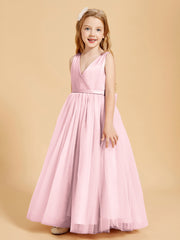 Robes de Demoiselle d'Honneur Junior en Tulle avec Haut en Satin Rose Pâle