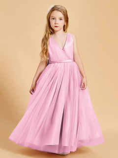 Robes de Demoiselle d'Honneur Junior en Tulle avec Haut en Satin Rose Bonbon