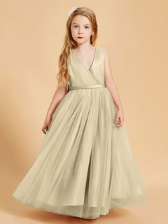 Robes de Demoiselle d'Honneur Junior en Tulle avec Haut en Satin Champagne