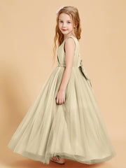 Robes de Demoiselle d'Honneur Junior en Tulle avec Haut en Satin Champagne