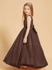 Robes de Demoiselle d'Honneur Junior en Tulle avec Haut en Satin Chocolat