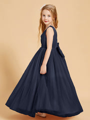 Robes de Demoiselle d'Honneur Junior en Tulle avec Haut en Satin Bleu Marine