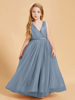 Robes de Demoiselle d'Honneur Junior en Tulle avec Haut en Satin Bleu Poudré