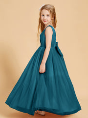 Robes de Demoiselle d'Honneur Junior en Tulle avec Haut en Satin Bleu Encre