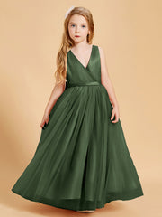 Robes de Demoiselle d'Honneur Junior en Tulle avec Haut en Satin Olive Verte