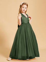Robes de Demoiselle d'Honneur Junior en Tulle avec Haut en Satin Olive Verte