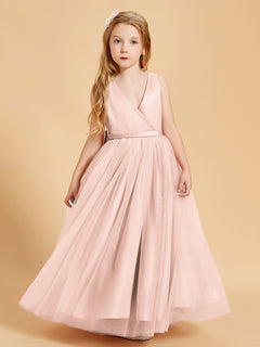 Robes de Demoiselle d'Honneur Junior en Tulle avec Haut en Satin Rose Perle