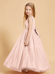 Robes de Demoiselle d'Honneur Junior en Tulle avec Haut en Satin Rose Perle