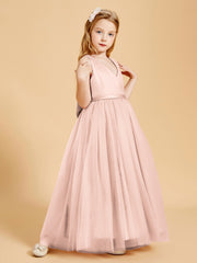 Robes de Demoiselle d'Honneur Junior en Tulle avec Haut en Satin Rose Perle