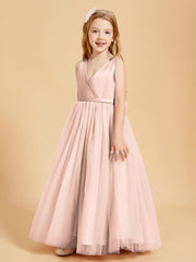 Robes de Demoiselle d'Honneur Junior en Tulle avec Haut en Satin Rose Perle