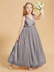 Robes de Demoiselle d'Honneur Junior en Tulle avec Haut en Satin Argent