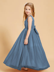 Robes de Demoiselle d'Honneur Junior en Tulle avec Haut en Satin Bleu de Schiste