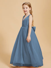 Robes de Demoiselle d'Honneur Junior en Tulle avec Haut en Satin Bleu de Schiste