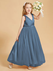 Robes de Demoiselle d'Honneur Junior en Tulle avec Haut en Satin Bleu de Schiste