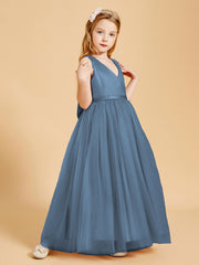 Robes de Demoiselle d'Honneur Junior en Tulle avec Haut en Satin Bleu de Schiste