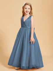 Robes de Demoiselle d'Honneur Junior en Tulle avec Haut en Satin Bleu de Schiste