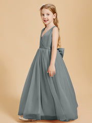 Robes de Demoiselle d'Honneur Junior en Tulle avec Haut en Satin Gris Acier