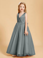 Robes de Demoiselle d'Honneur Junior en Tulle avec Haut en Satin Gris Acier