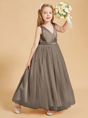 Robes de Demoiselle d'Honneur Junior en Tulle avec Haut en Satin Taupe
