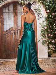 Robe Fourreau Perlée en Satin Extensible à Col en V avec Fente Haute Vert Foncé