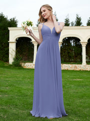 Robe en Mousseline Plissée à Bretelles Spaghetti et Col en V Pervenche Grande Taille