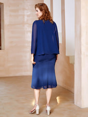 Robe Fourreau à Col en Scoop Longueur de Mollet en Mousseline Bleu Marine Clair