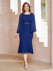 Robe Fourreau à Col en Scoop Longueur de Mollet en Mousseline Bleu Marine Clair