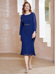 Robe Fourreau à Col en Scoop Longueur de Mollet en Mousseline Bleu Marine Clair