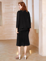 Robe Fourreau à Col en Scoop Longueur de Mollet en Mousseline Noir