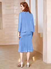 Robe Fourreau à Col en Scoop Longueur de Mollet en Mousseline Bleu