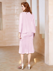 Robe Fourreau à Col en Scoop Longueur de Mollet en Mousseline Rose Pâle Grande Taille
