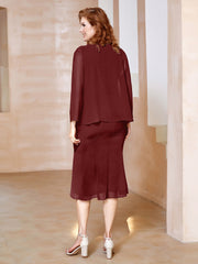 Robe Fourreau à Col en Scoop Longueur de Mollet en Mousseline Bordeaux Grande Taille