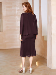 Robe Fourreau à Col en Scoop Longueur de Mollet en Mousseline Cabernet Grande Taille