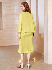 Robe Fourreau à Col en Scoop Longueur de Mollet en Mousseline Jonquille Grande Taille
