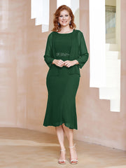Robe Fourreau à Col en Scoop Longueur de Mollet en Mousseline Vert Foncé Grande Taille