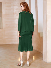 Robe Fourreau à Col en Scoop Longueur de Mollet en Mousseline Vert Foncé