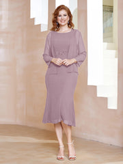 Robe Fourreau à Col en Scoop Longueur de Mollet en Mousseline Dusk Grande Taille