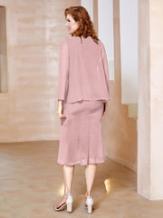 Robe Fourreau à Col en Scoop Longueur de Mollet en Mousseline Rose Poudré Grande Taille