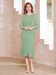 Robe Fourreau à Col en Scoop Longueur de Mollet en Mousseline Sauge Poudrée