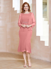 Robe Fourreau à Col en Scoop Longueur de Mollet en Mousseline Flamant Grande Taille