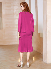 Robe Fourreau à Col en Scoop Longueur de Mollet en Mousseline Fuchsia