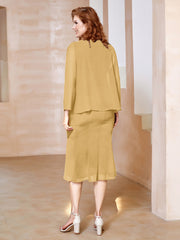 Robe Fourreau à Col en Scoop Longueur de Mollet en Mousseline Or Grande Taille